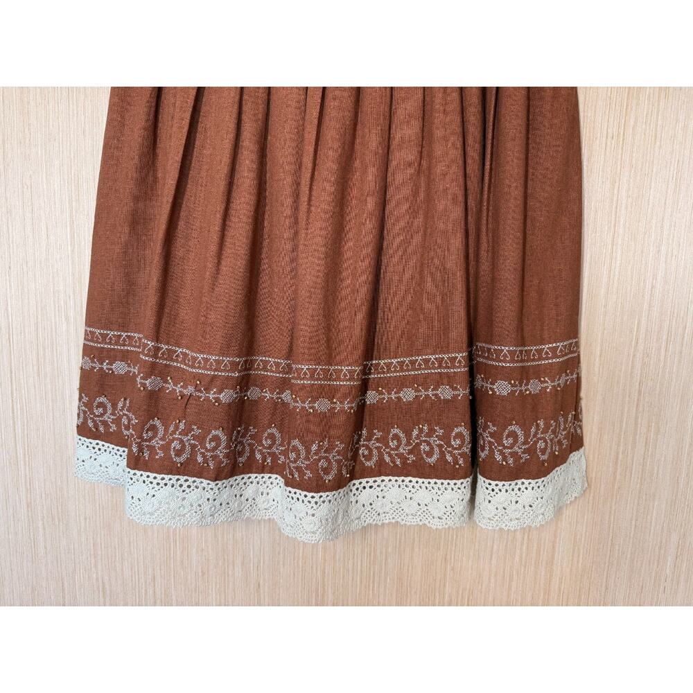 Ninety Linen Blend Pleated Lace Hem Skirt Womens Small Embroidered Bead Cottage - Picture 3 of 10